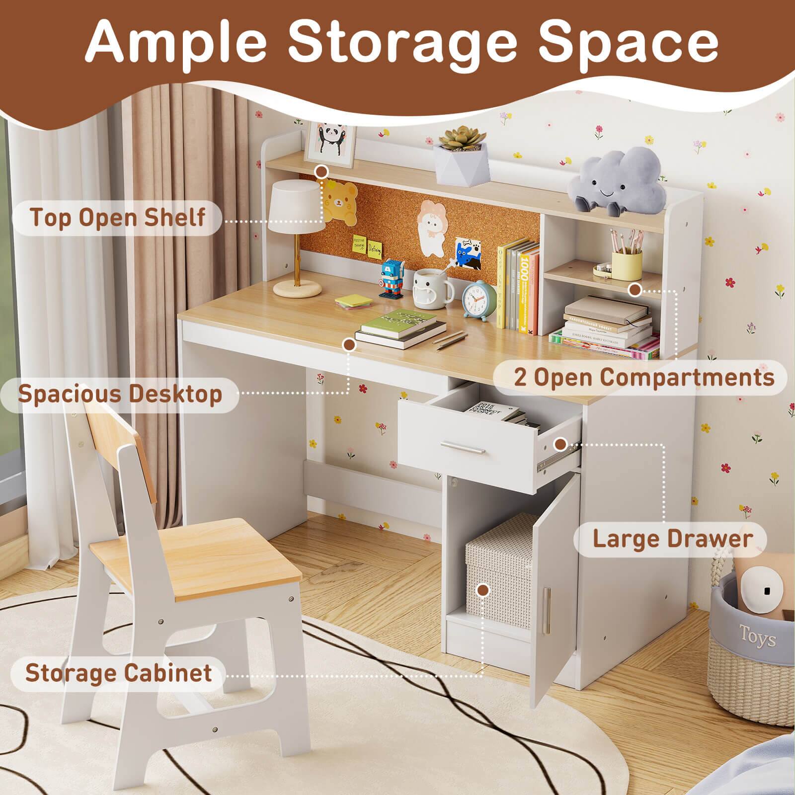 Ample Storage Space

- Top Open Shelf
- Spacious Desktop
- 2 Open Compartments
- Large Drawer
- Storage Cabinet