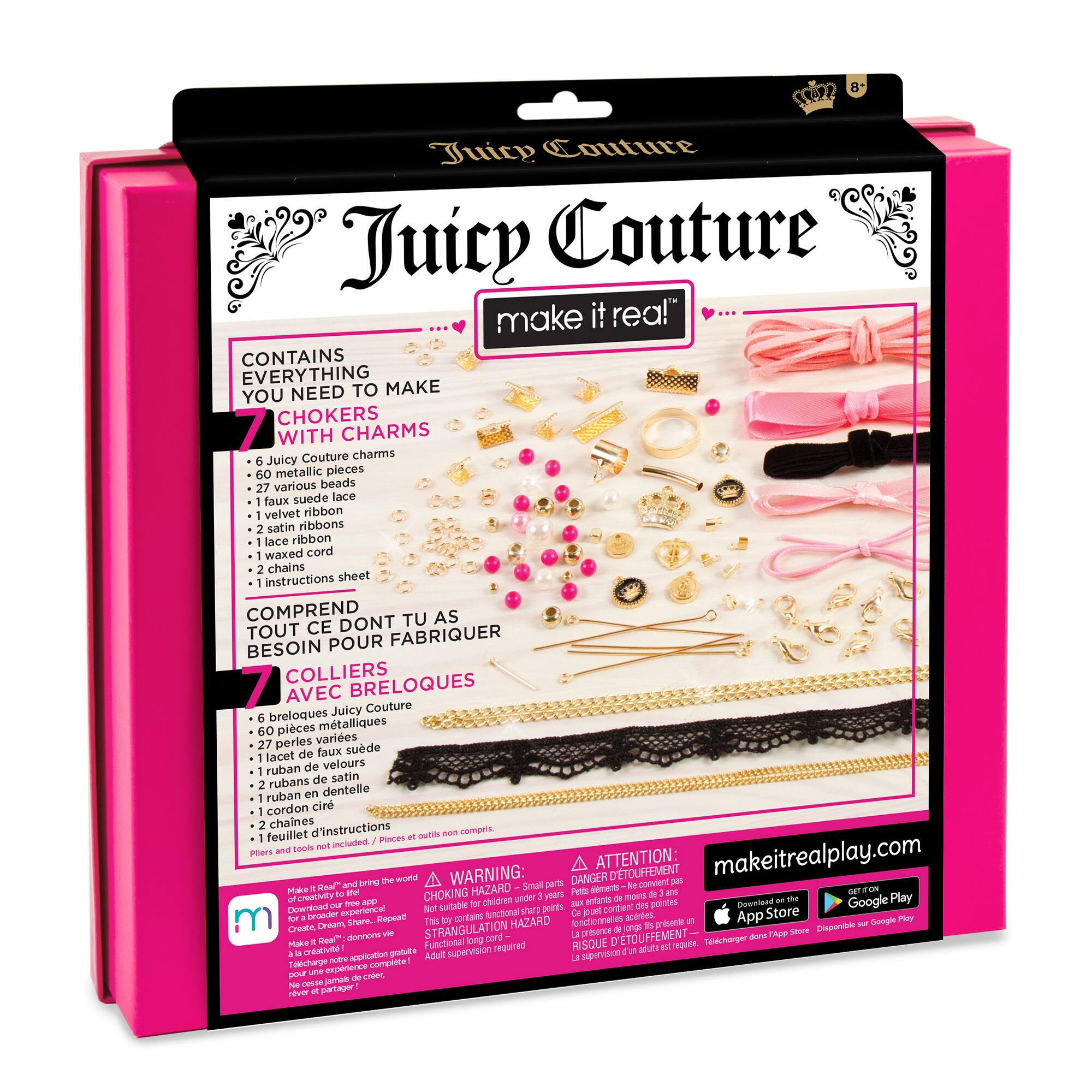 Juicy Couture Make It Real! Contains everything you need to make chokers with charms. 80 metallic pieces, 27 various beads, faux suede lace, velvet ribbon, satin ribbons, lace ribbon, waxed cord, chains, and instructions sheet. Comprend tout ce dont vous avez besoin pour fabriquer colliers avec breloques. Juicy Couture breloques. 60 pieces métalliques, 27 perles variées, faux suède lace, ruban de velours, rubans de satin, ruban en dentelle, cordon cir, chaines, et feuillet d'instructions. Warning: Attention: D'etouffement! Choking hazard. Not suitable for children under 3 years. Download the Make It Real! app on Google Play for a broader range of creativity and experience functional sharing with friends.