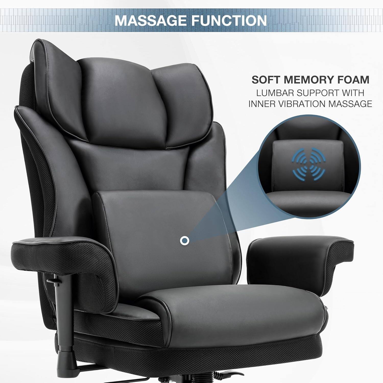MASSAGE FUNCTION

SOFT MEMORY FOAM  
LUMBAR SUPPORT WITH INNER VIBRATION MASSAGE