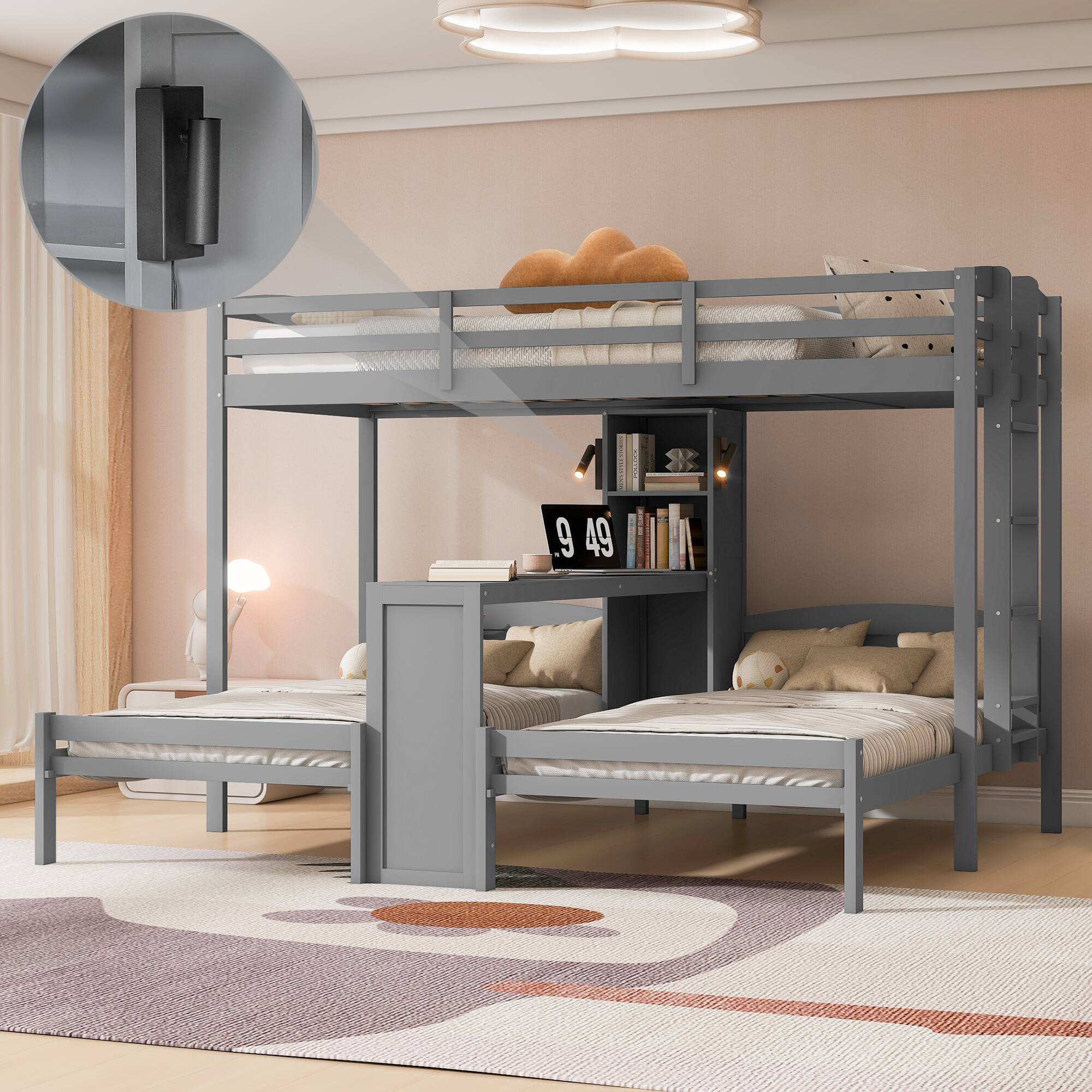 Left. Anysun - 3 Beds in 1 Design Twin Bunk Bed with Built-in Desk, Storage Shelves & Reading Lamp, Space-Saving Multi-Function - Grey.