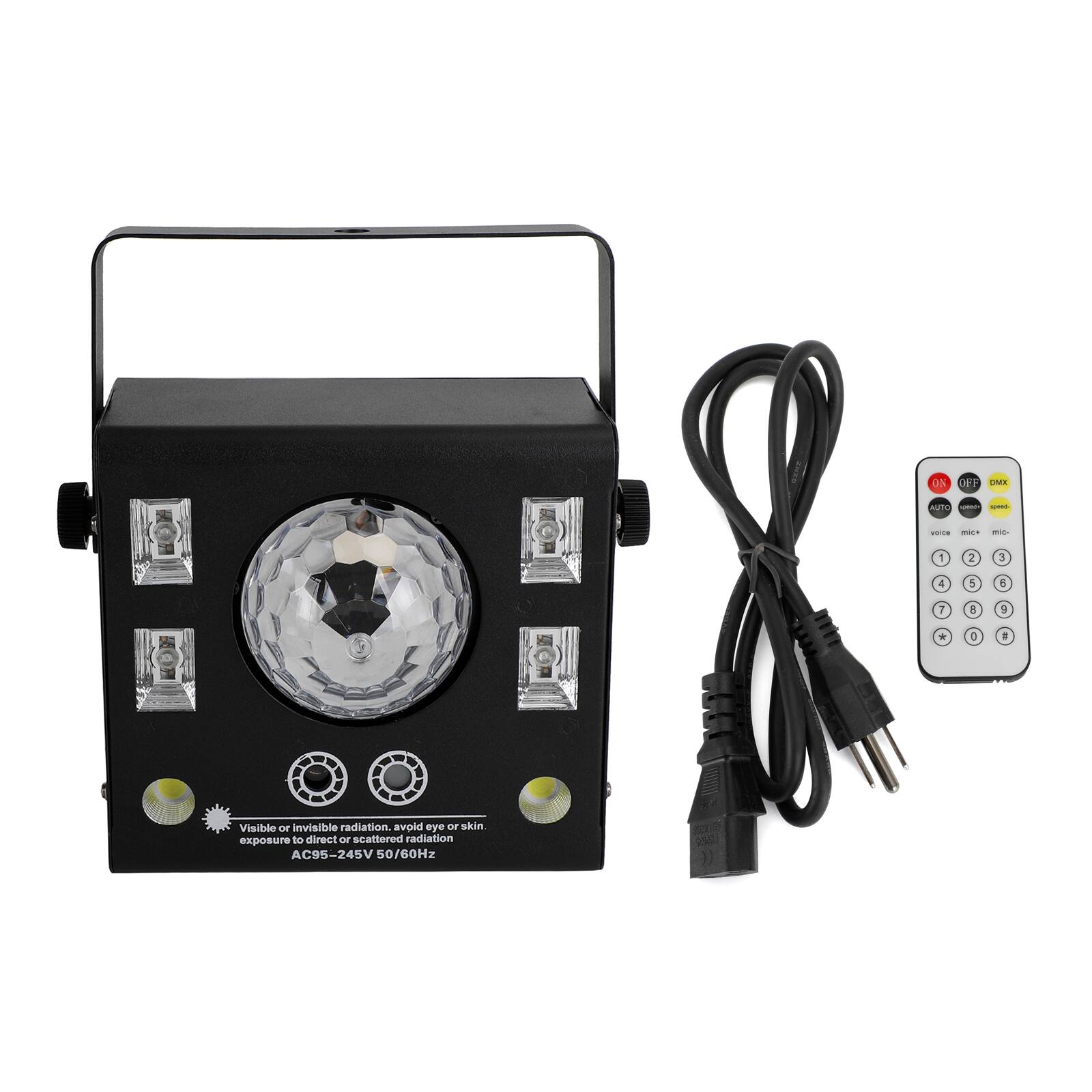 ON  
OFF DMX  
mute 12000- -  
voice mic  
mic-  
1  
2  
3  
4  
5  
6  
7  
8  
9  
*  
0  
#  

Visible or invisible radiation. avoid eye or skin. exposure to direct or scattered radiation AC95-245V 50/60Hz