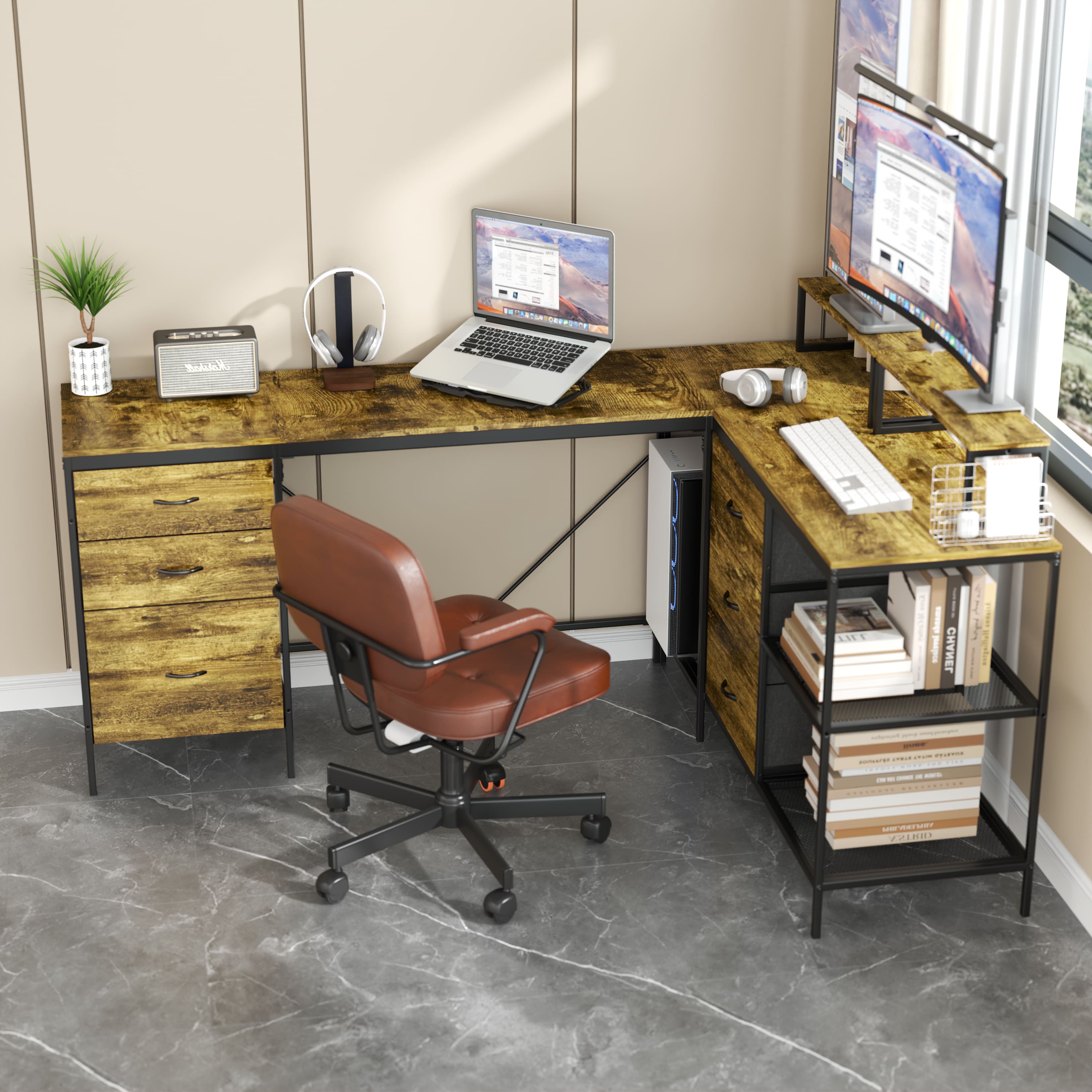 PexFix - 114" Large Corner Desk for Home Office & Gaming, Industrial L-Shaped Computer Desk with Power Outlets, USB-C & 6 Drawers - Brown