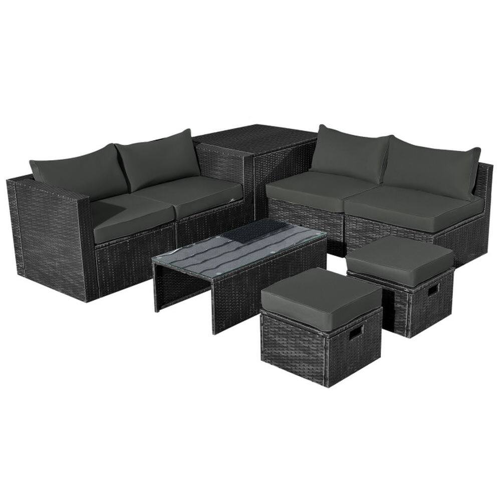 Front. Pefilos - 8 Pieces PE Rattan Storage Table Furniture Set, Space-Saving 8-Piece Modular Set with Rustproof Steel Frame, Patio - Gray.