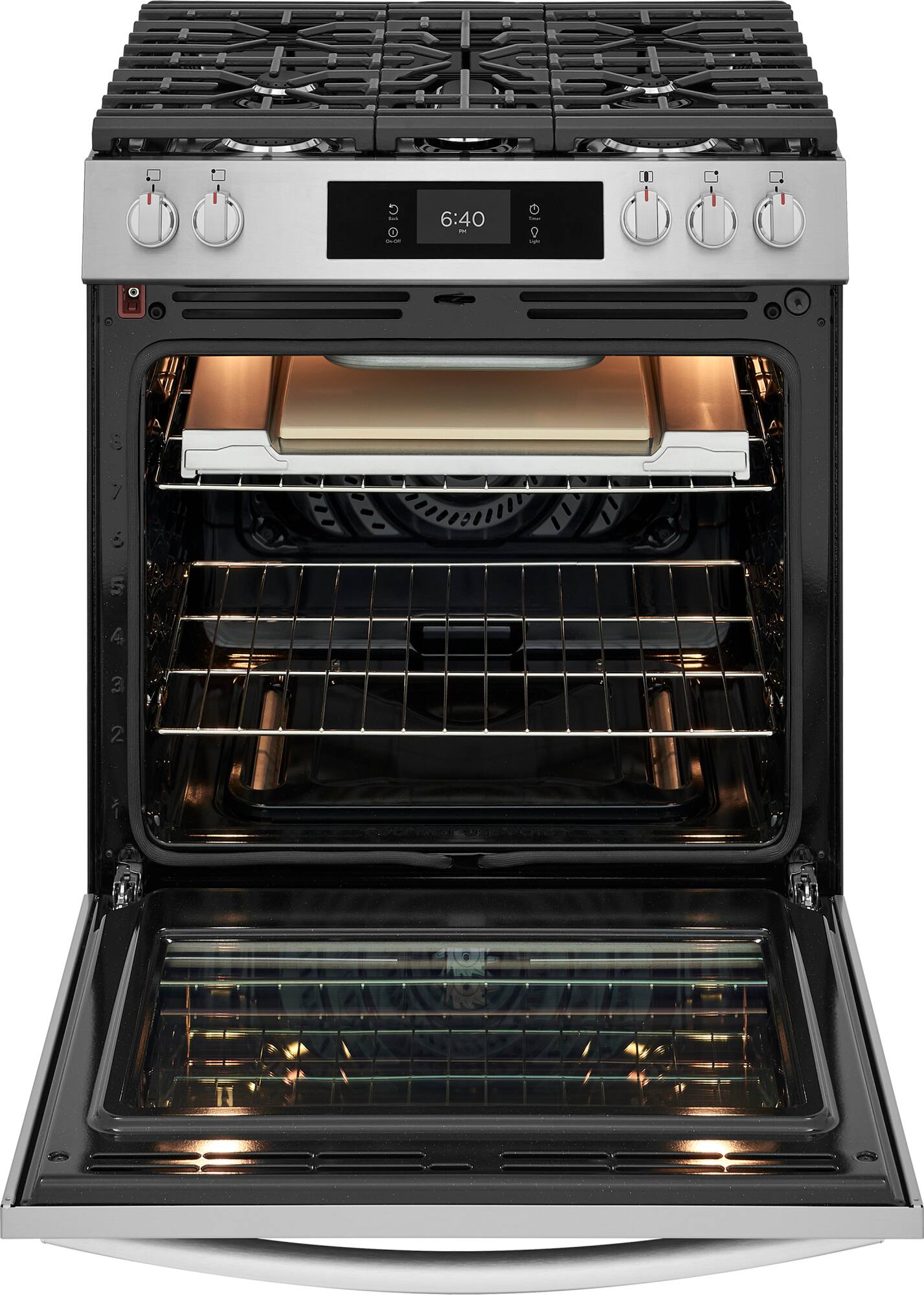Left. Frigidaire - Gallery 6.0 Cu. Ft. Slide-In Gas Range with Stone-Baked Pizza and 15+ Ways to Cook - Stainless Steel.