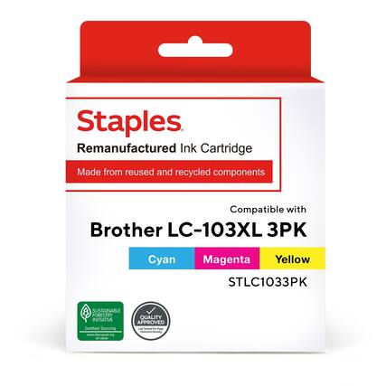 Staples Remanufactured Ink Cartridge Made from reused and recycled components Compatible with Brother LC-103XL 3PK Cyan Magenta Yellow STLC1033PK SUSTAINABLE FORESTRY QUALITY INITIATIVE APPROVED Certified Sourcing La Tensed - Pae moans Seraclo www.slipragram.org shmasa