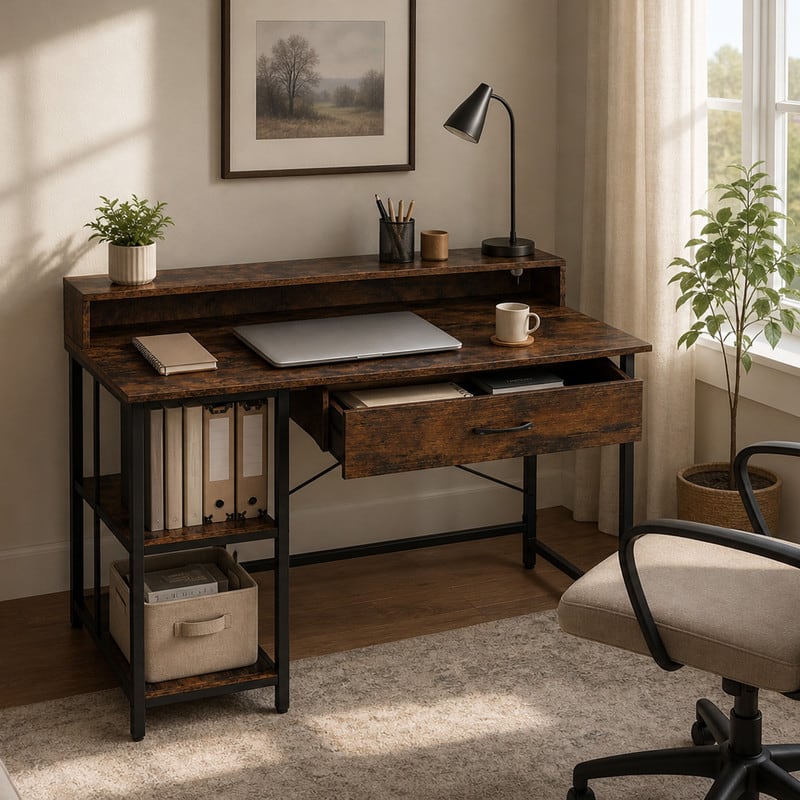 WELLFOR - 42 Inch Computer Desk with Drawer & USB Power Outlets, Home Office Desk with Storage Shelves - Rustic Brown