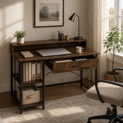 Front. WELLFOR - 42 Inch Computer Desk with Drawer & USB Power Outlets, Home Office Desk with Storage Shelves - Rustic Brown.