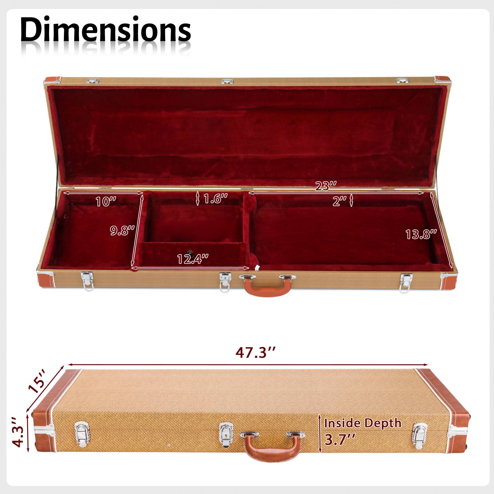 Dimensions  
10" x 1.6" x 23"  
Inside Depth: 3.7"  
15" x 4.3" x 47.3"