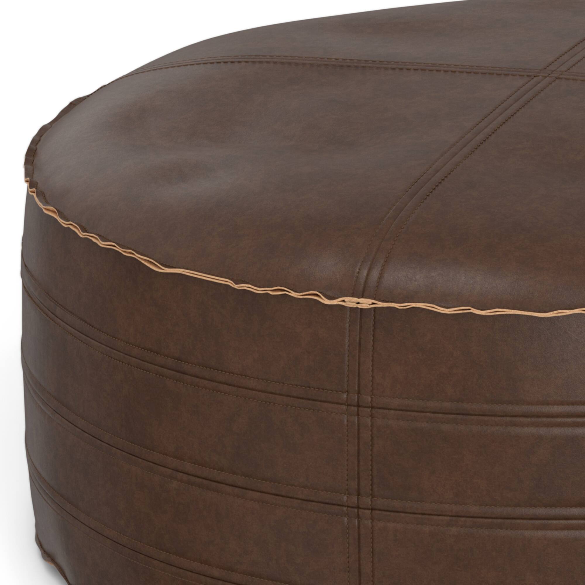 Alt View 3. Simpli Home - Brody Boho Round Pouf in Distressed Dark Brown Vegan Faux Leather - Distressed Dark Brown.