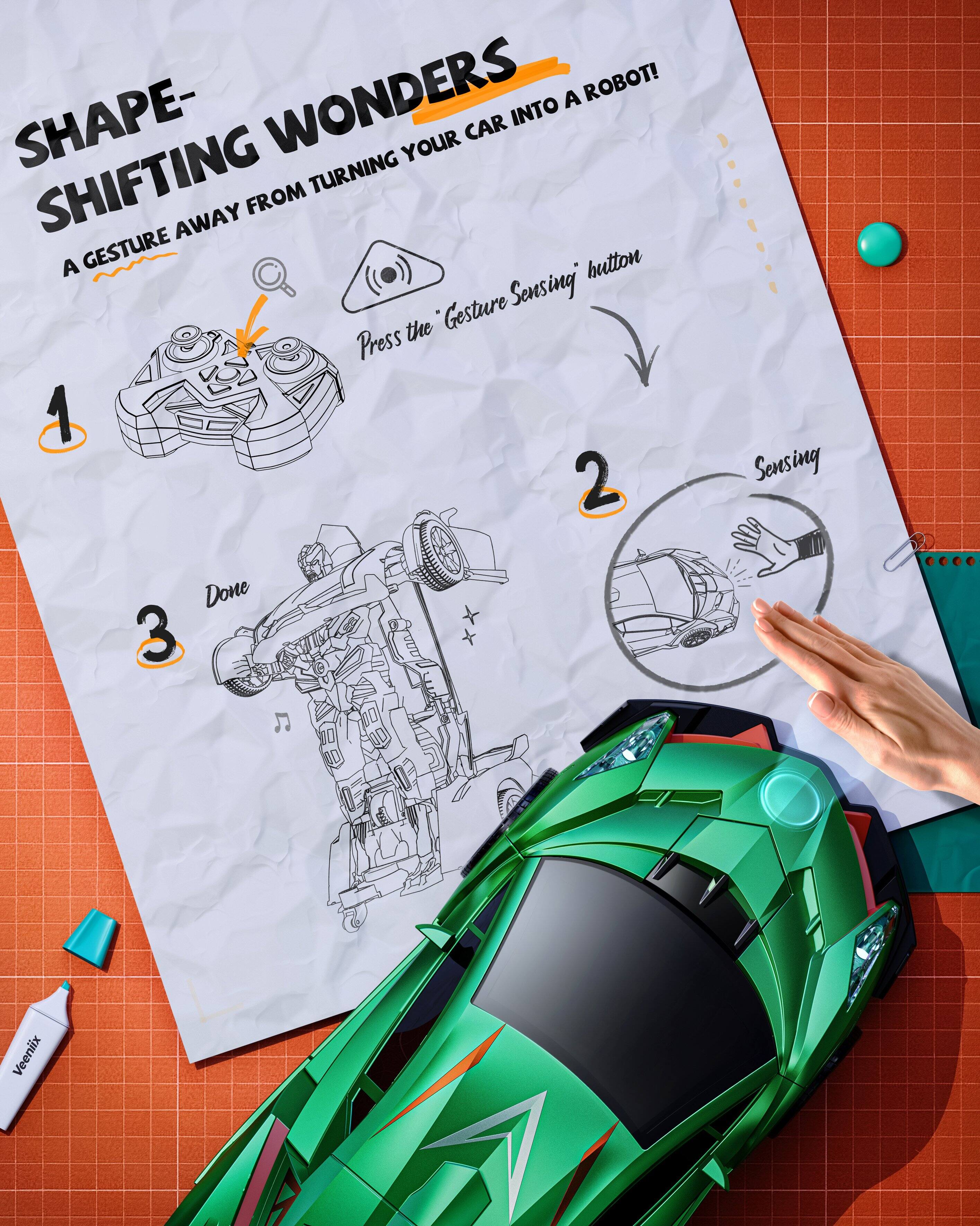 SHAPE-SHIFTING WONDERS  
A GESTURE AWAY FROM TURNING YOUR CAR INTO A ROBOT!!  

1. Press the "Gesture Sensing" button  
2. Sensing  
3. Done  

Veeniix