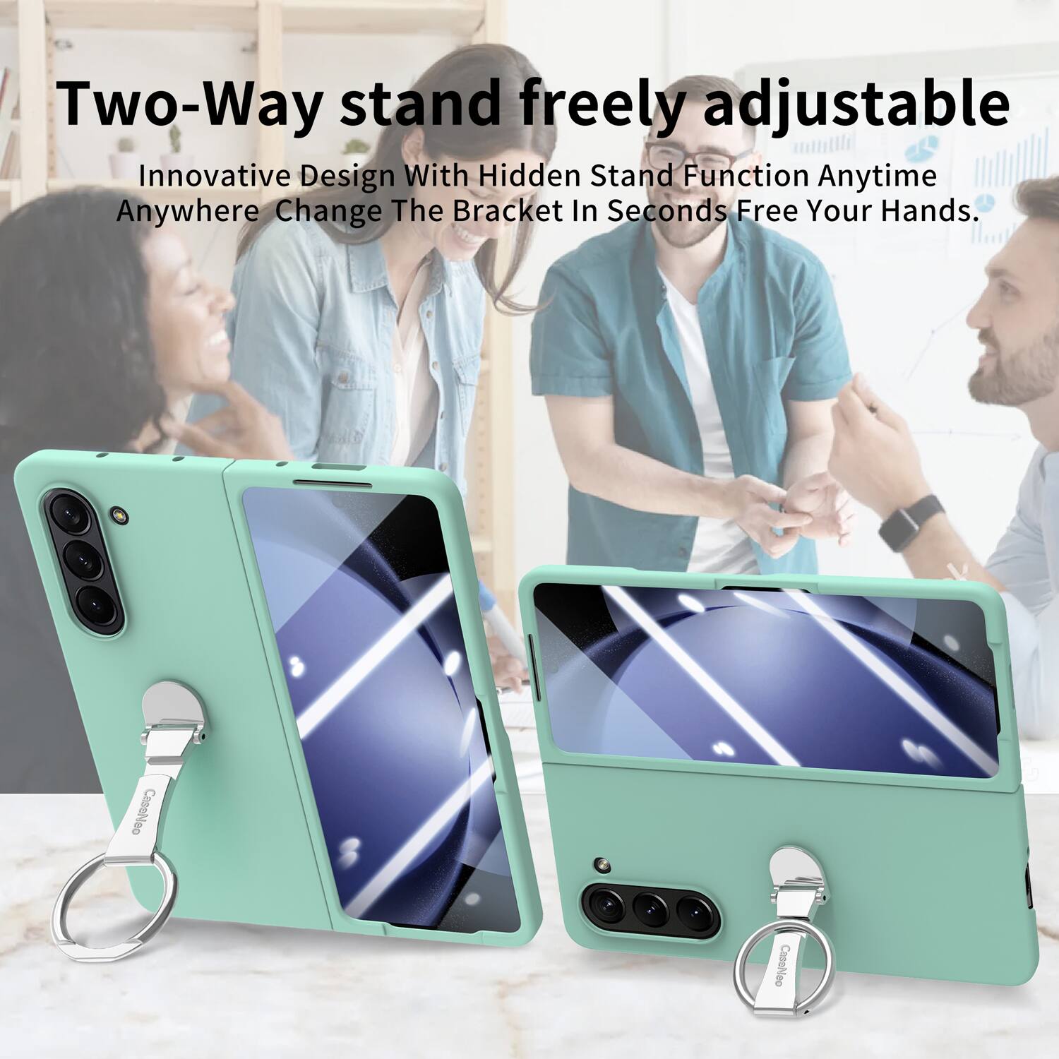 Two-Way stand freely adjustable  
Innovative Design With Hidden Stand Function Anytime Anywhere Change The Bracket In Seconds Free Your Hands.  
CaosNeo