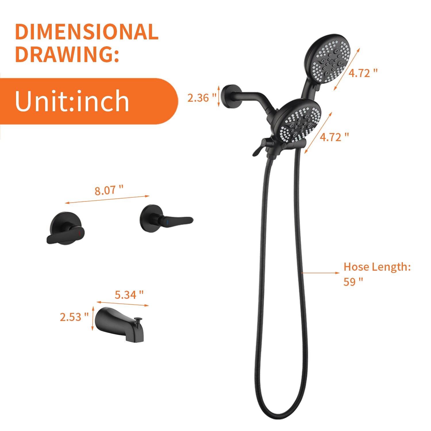 DIMENSIONAL DRAWING:  
Unit: inch  

- 2.36"  
- 4.72"  
- 4.72"  
- 8.07"  
- 5.34"  
- 2.53"  
- Hose Length: 59"
