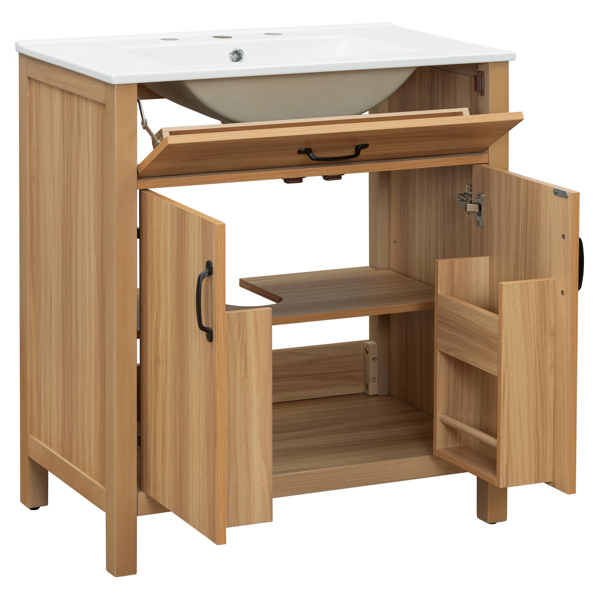 Back. Whisen - 30" Bathroom Vanity with Ceramic Sink, Solid Wood Frame, 2 Soft-Close Doors, 1 Flip Drawer & Adjustable Shelf - Acacia Wood.