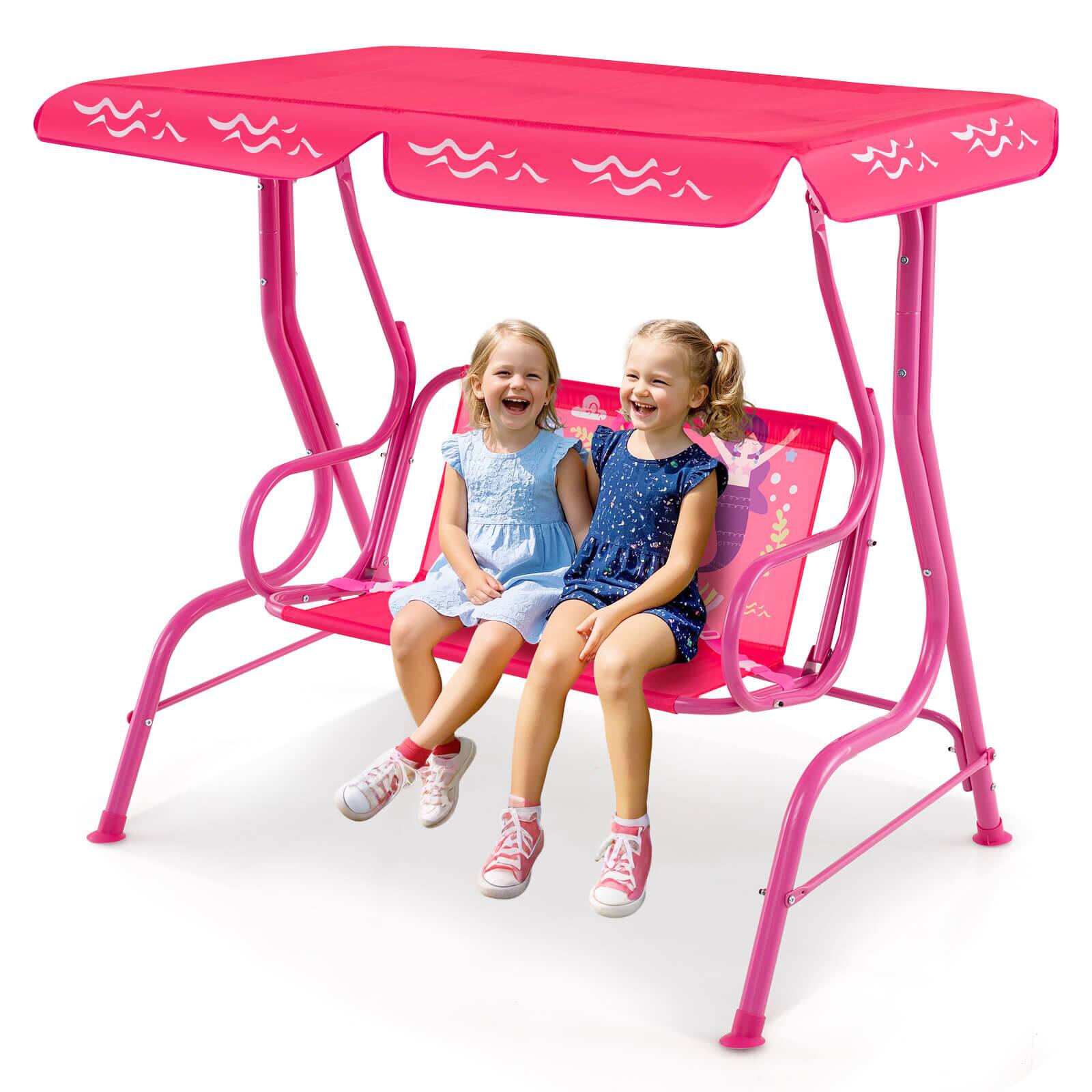 Alt View 8. Costway - Costway 2-Seater Toddler Porch Swing Chair with Metal Stand Adjustable Canopy Safety Belts - Pink.
