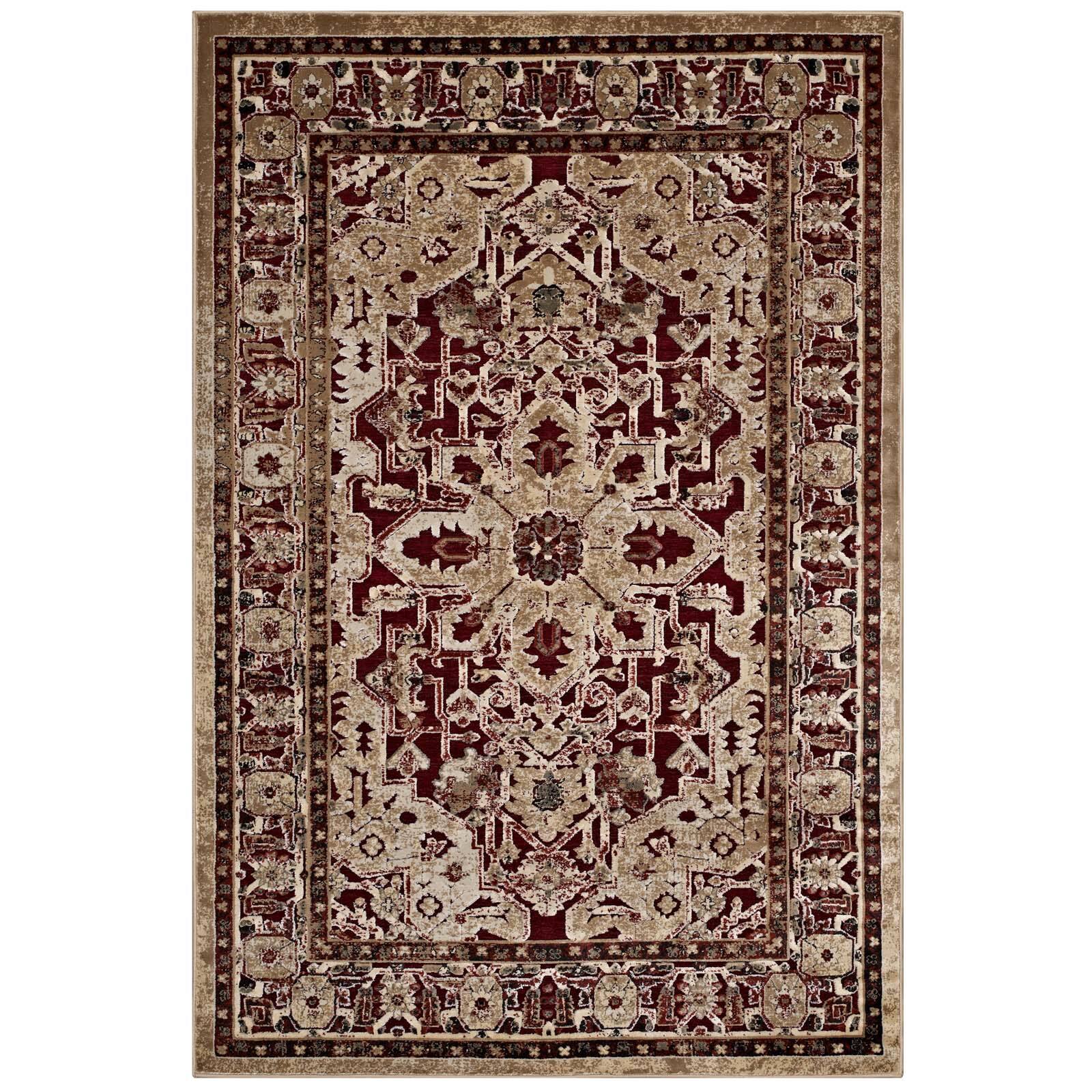 Angle. Modway - Grania Ornate Vintage Floral Turkish Area Rug - Burgundy and Tan.
