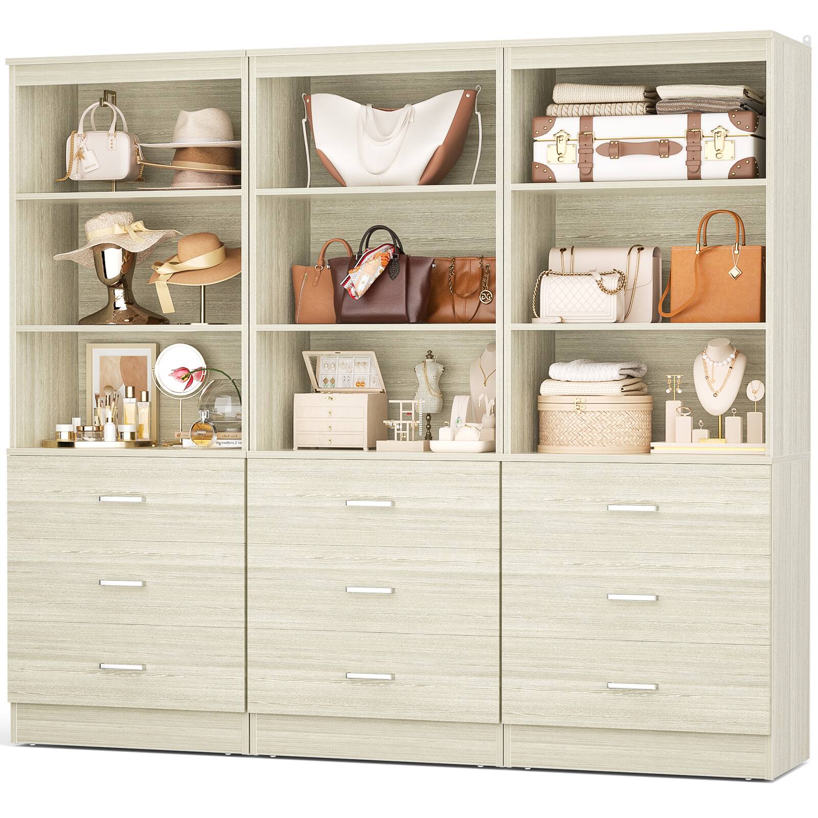 Angle. Aheaplus - 71'' Tall Pantry Cabinet, Freestanding Kitchen Storage Cabinet with 3 Drawers and Shelves, 3 Pack - Beige Oak.