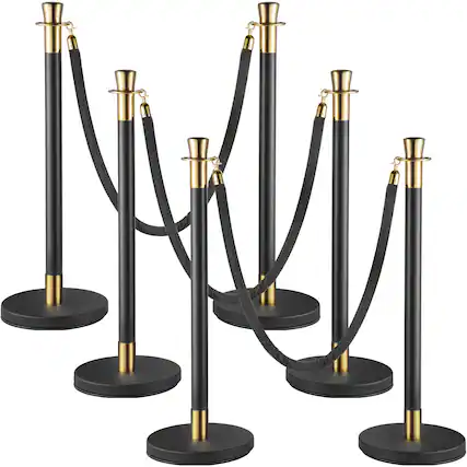 Front. VEVOR - Crowd Control Stanchion, Set of 6 Pieces Stanchion Set, Stanchion Set with 5 ft/1.5 m Black Velvet Rope - Black,Gold.