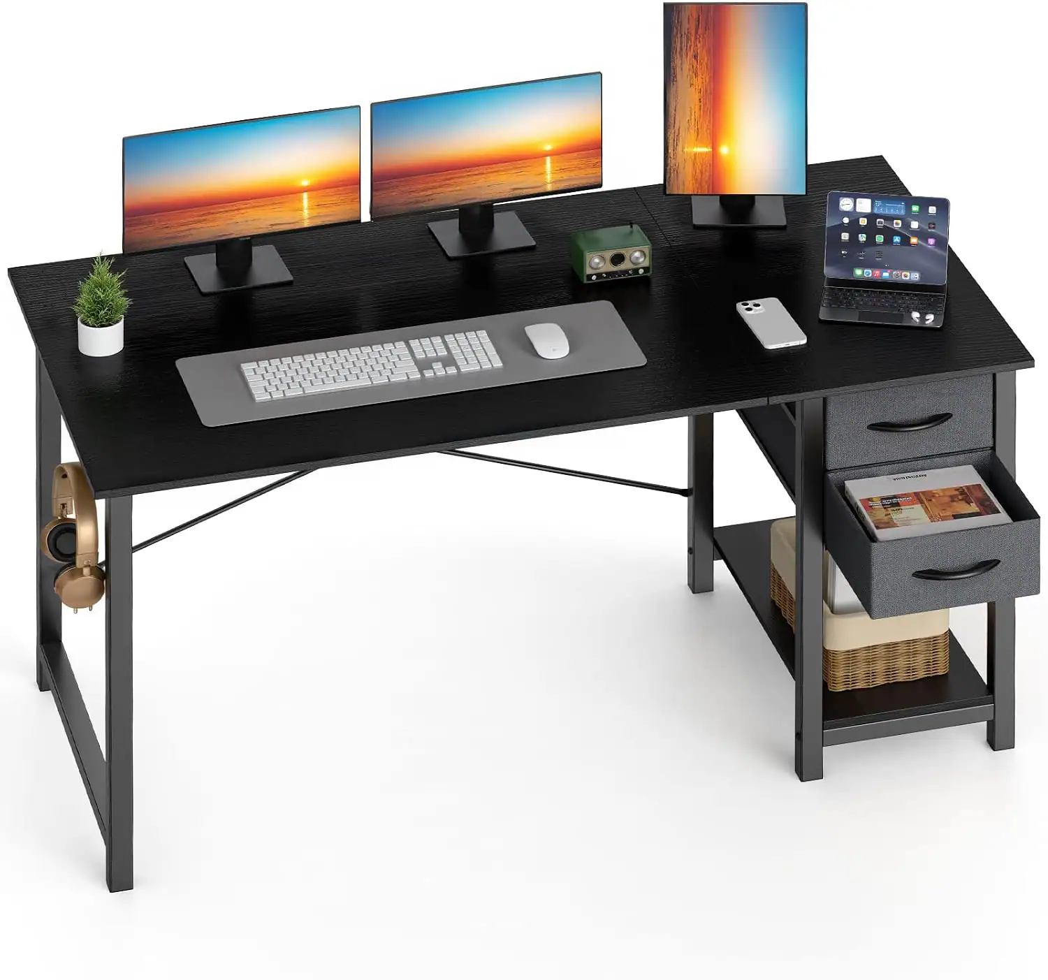 Angle. Sweet - 47 Inch Computer Desk with Drawers, Side Hook, Writing Desk for Bedroom Home Office, Wood Black - Black.