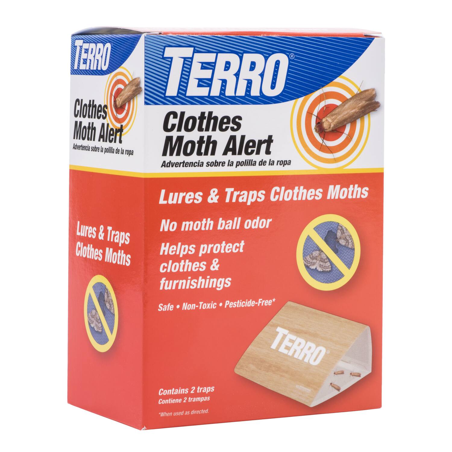 TERRO Clothes Moth Alert  
Advertencia sobre la polilla de la ropa  
Lures & Traps Clothes Moths  
No moth ball odor  
Helps protect clothes & furnishings  
Safe • Non-Toxic • Pesticide-Free*  
Contains 2 traps  
Contiene 2 trampas  
*When used as directed.