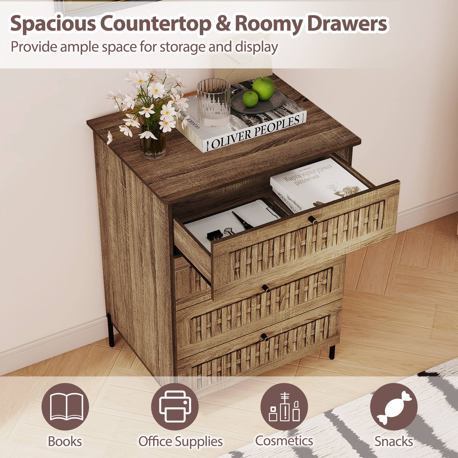 Spacious Countertop & Roomy Drawers  
Provide ample space for storage and display  

Books  
Office Supplies  
Cosmetics  
Snacks
