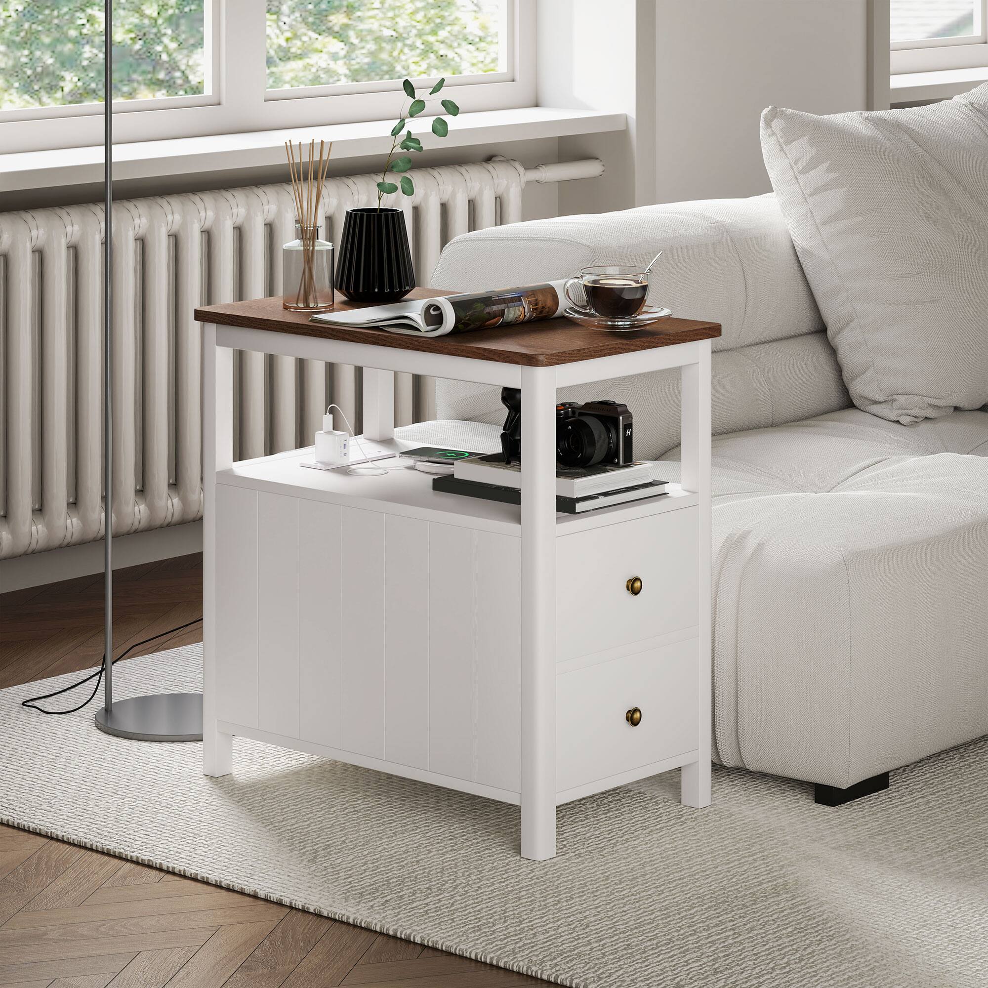 Alt View 4. Homcom - Modern End Table with Charging Station and USB Ports, Narrow Side Table with Drawers & Shelf for Living Room - White.