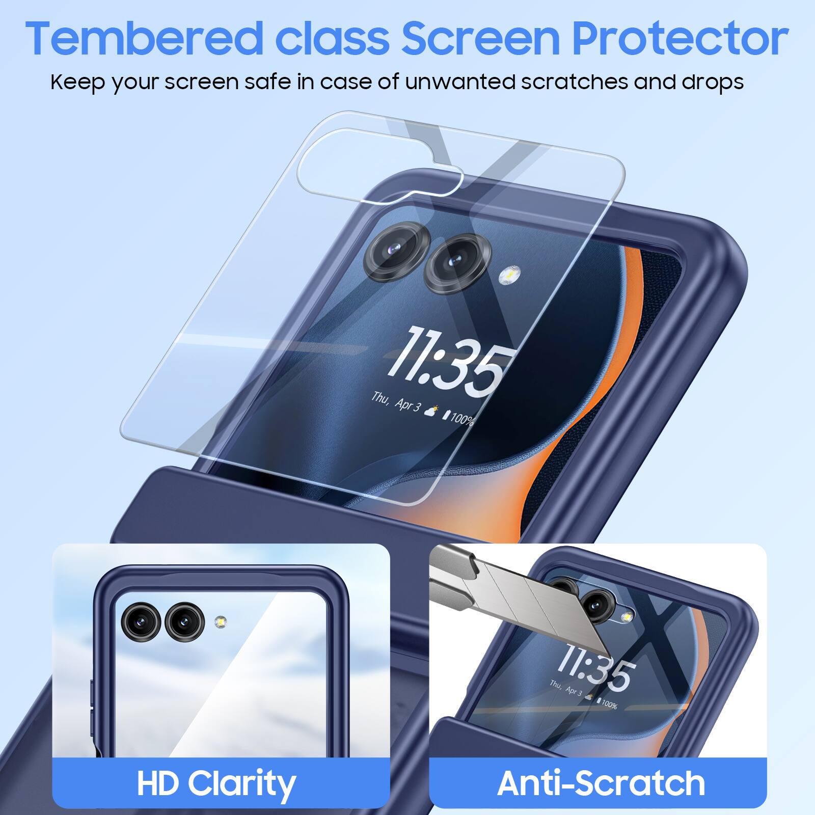 Tempered class Screen Protector  
Keep your screen safe in case of unwanted scratches and drops  

Thu, 11:35  
Apr 3  
100%  

HD Clarity  
Anti-Scratch