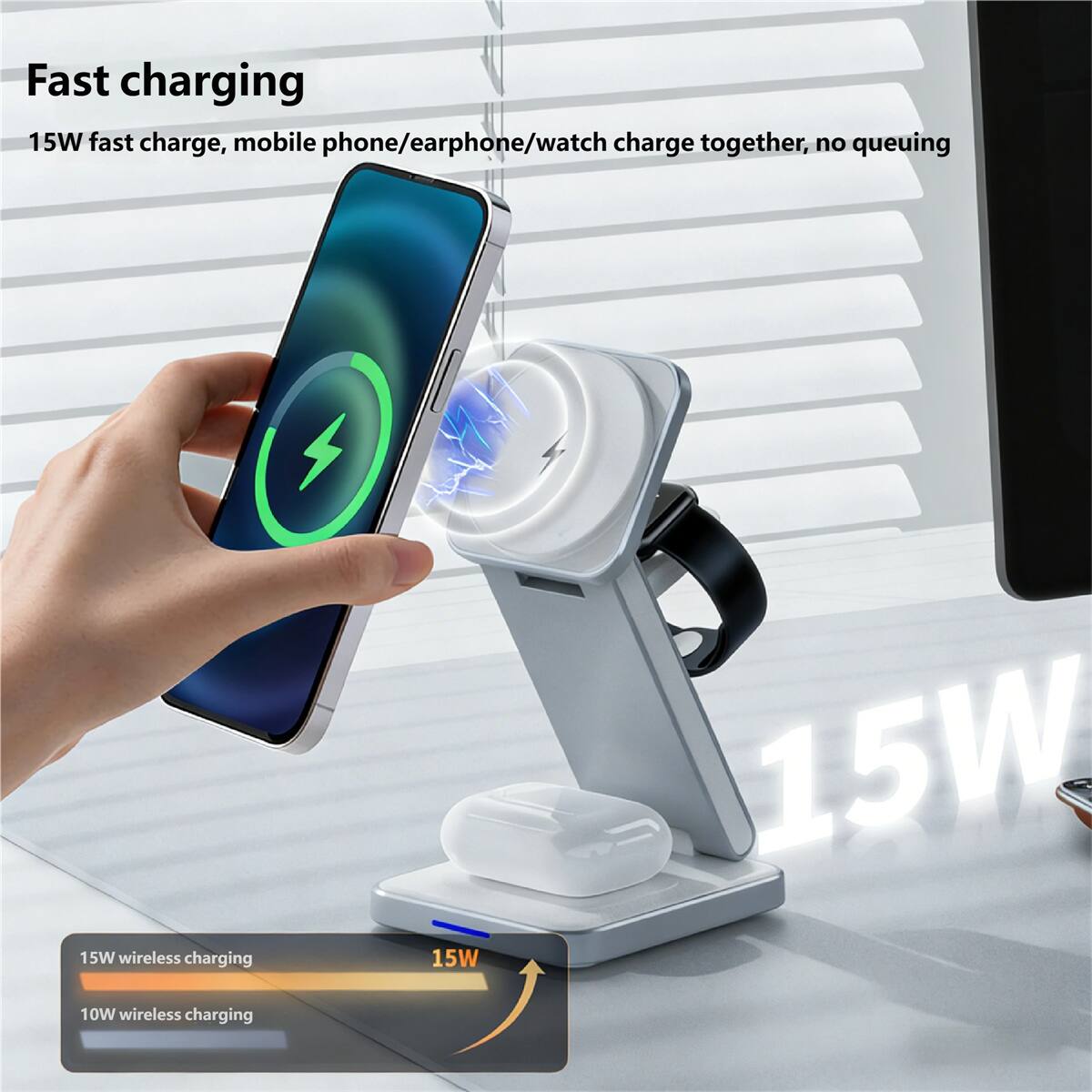 Fast charging  
15W fast charge, mobile phone/earphone/watch charge together, no queuing  

15W wireless charging  
10W wireless charging