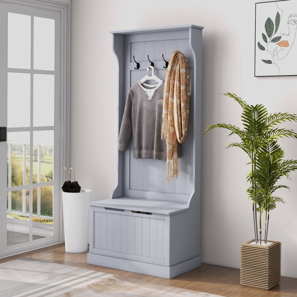 Angle. Loheer - Loheer 3-in-1 entryway hall tree with 28 inch shoe storage bench, Gray - Gray.