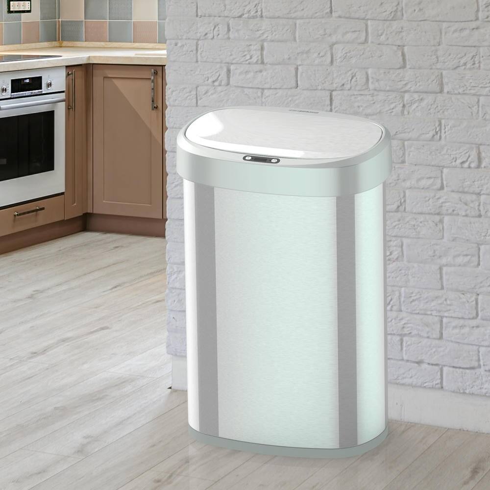 Angle. Nine Stars - Sleek Silver Automatic Sensor Trash Can 13 Gallon Soft Close Stainless Steel.