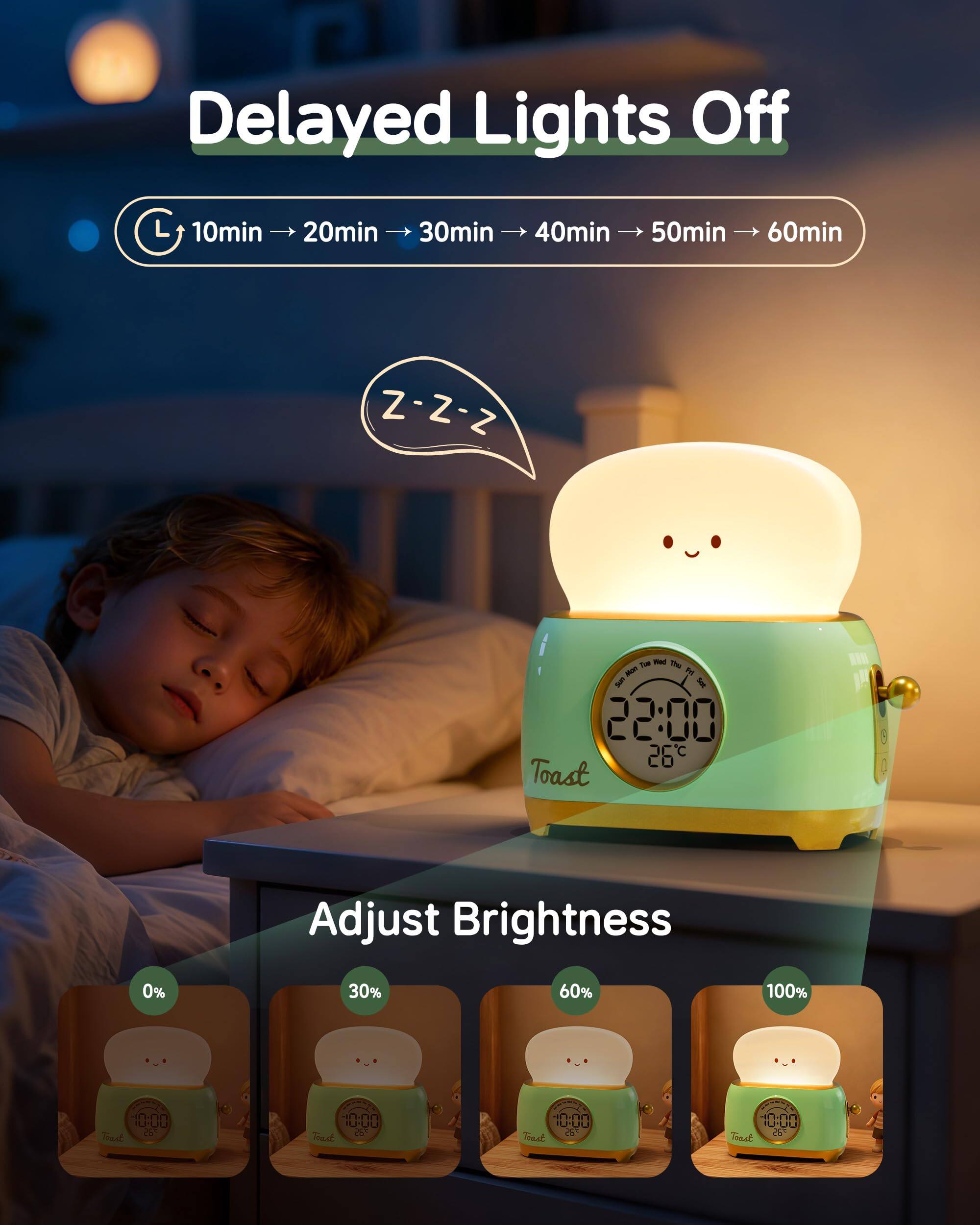 Delayed Lights Off  
10min → 20min → 30min → 40min → 50min → 60min  

Adjust Brightness  
0% 30% 60% 100%  

Toast  
22:00  
26°C  

Z-Z-Z