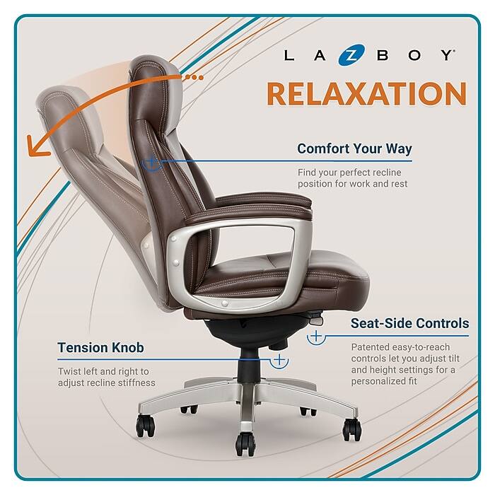 LA-Z-BOY RELAXATION  
Comfort Your Way  
Find your perfect recline position for work and rest  

Tension Knob  
Twist left and right to adjust recline stiffness  

Seat-Side Controls  
Patented easy-to-reach controls let you adjust tilt and height settings for a personalized fit