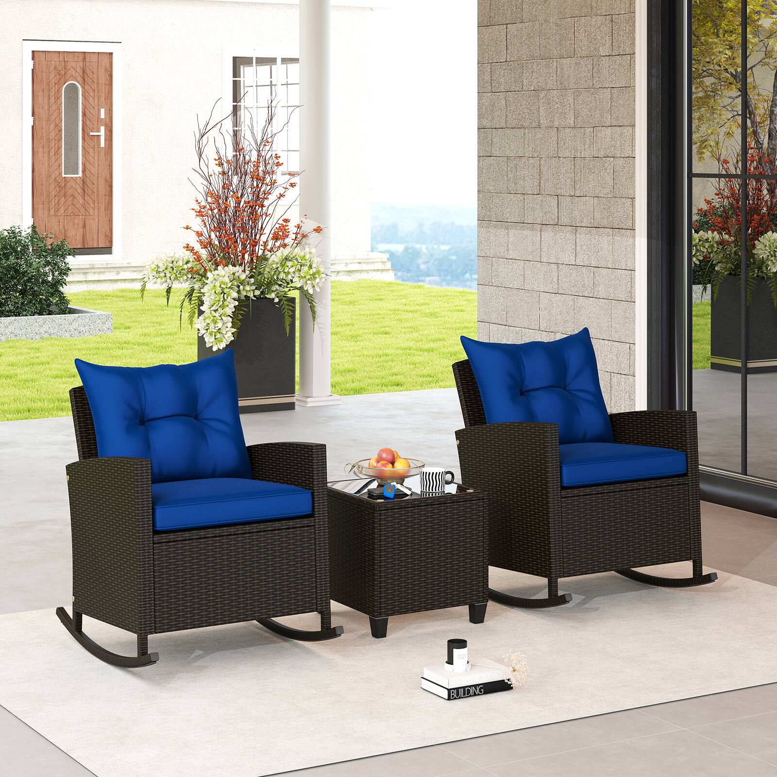 Alt View 1. Gymax - Gymax Set of 3 Wicker Rocking Set Patio w/ Tempered Glass Table & Soft Cushions Navy - Navy.