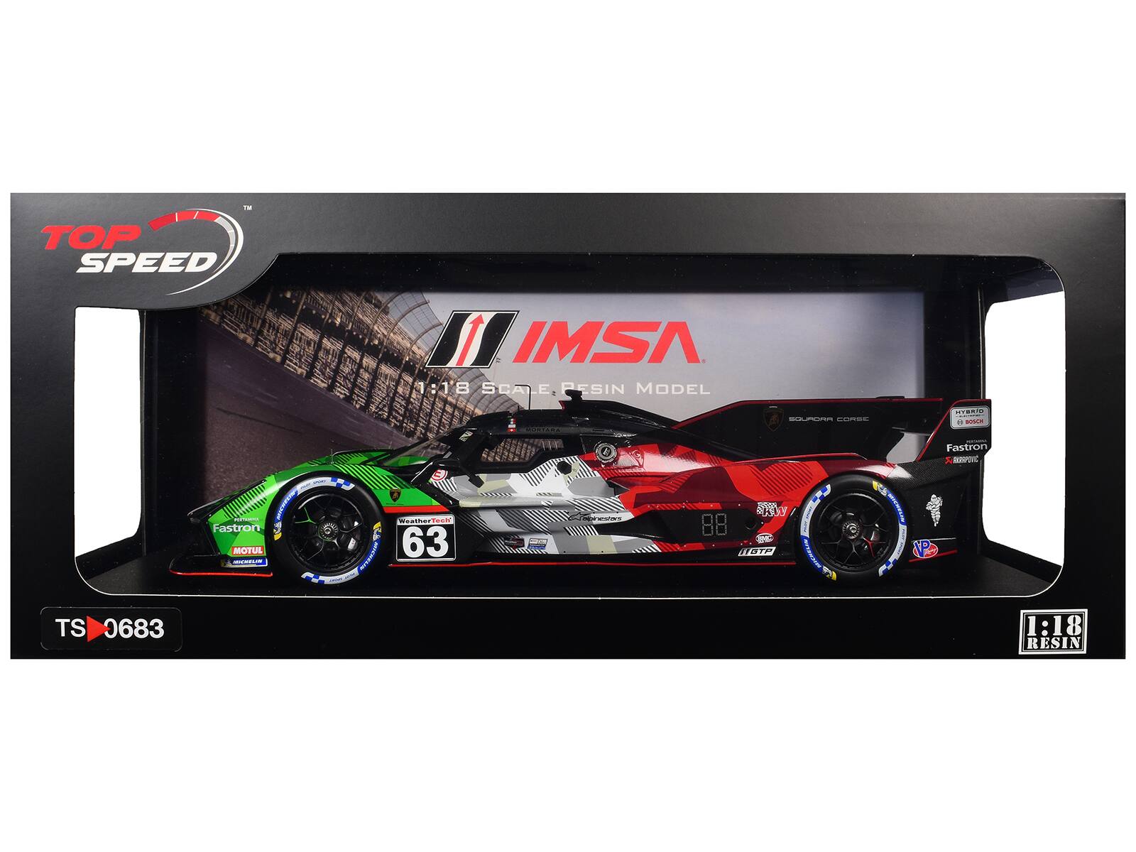 100 TOP SPEED  
IMSA : 1:18 SCAT E2 RESIN MODEL  
GUNDAR SURSE  
HYBRID BUSCH  
MIERESTS PERMCINA  
Fastron MOTUL STAR  
Weathertech BOYCHELIN 63  
SAVERS  
SKIW HGTP KITSK3000  
Fastron RKRSPOTIC BC& BIOKELING VP  
TS 0683  
1:18 RESIN