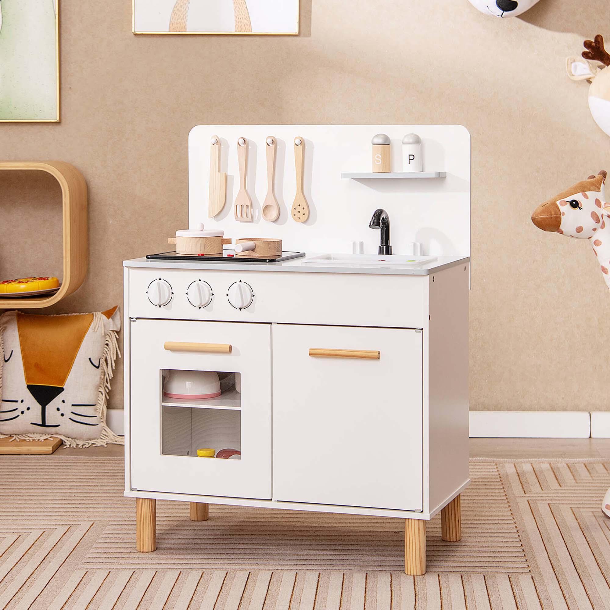 Alt View 3. Costway - Costway Kids Kitchen Playset with Light up Stove & Cooking Sounds Oven Sink Faucet - White.