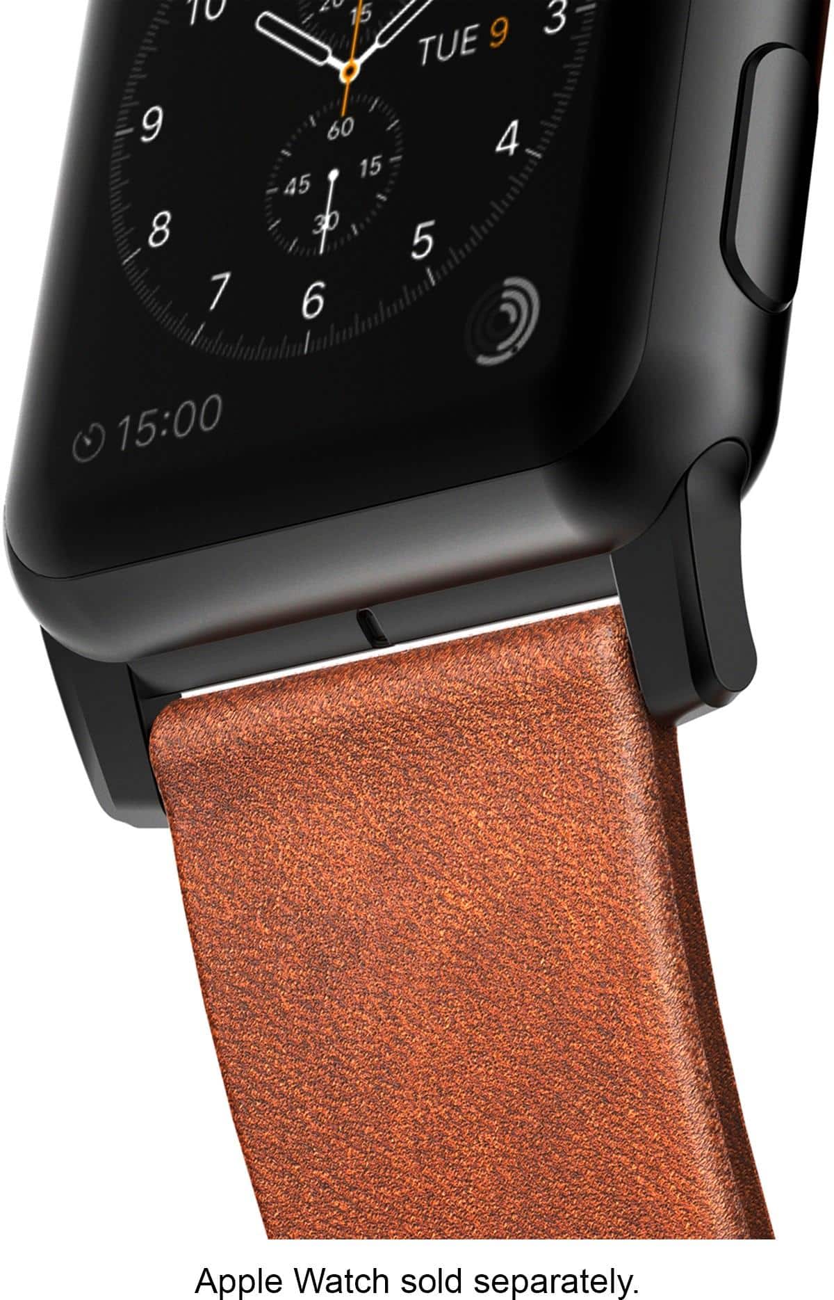 Left. Nomad - Modern Leather Watch Strap for Apple Watch 42mm and 44mm - Brown with black lugs.