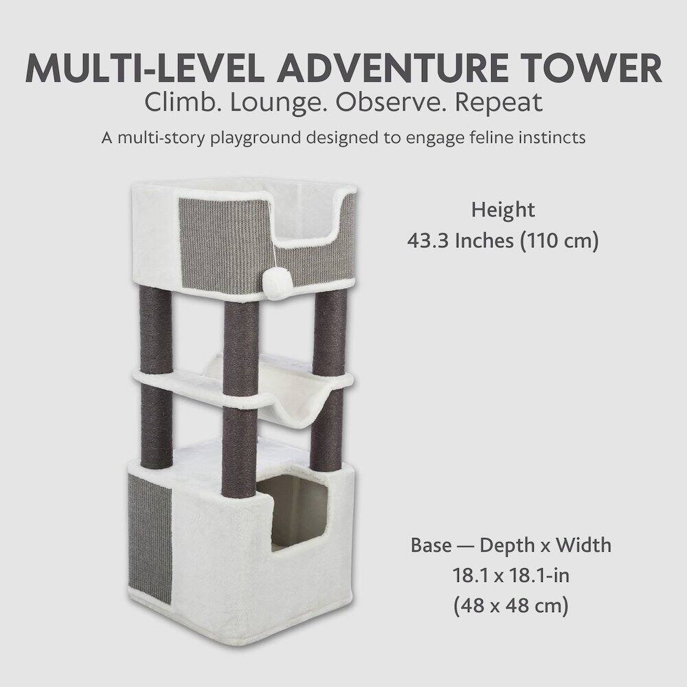 MULTI-LEVEL ADVENTURE TOWER  
Climb. Lounge. Observe. Repeat  

A multi-story playground designed to engage feline instincts  

Height: 43.3 Inches (110 cm)  

Base — Depth x Width: 18.1 x 18.1-in (48 x 48 cm)