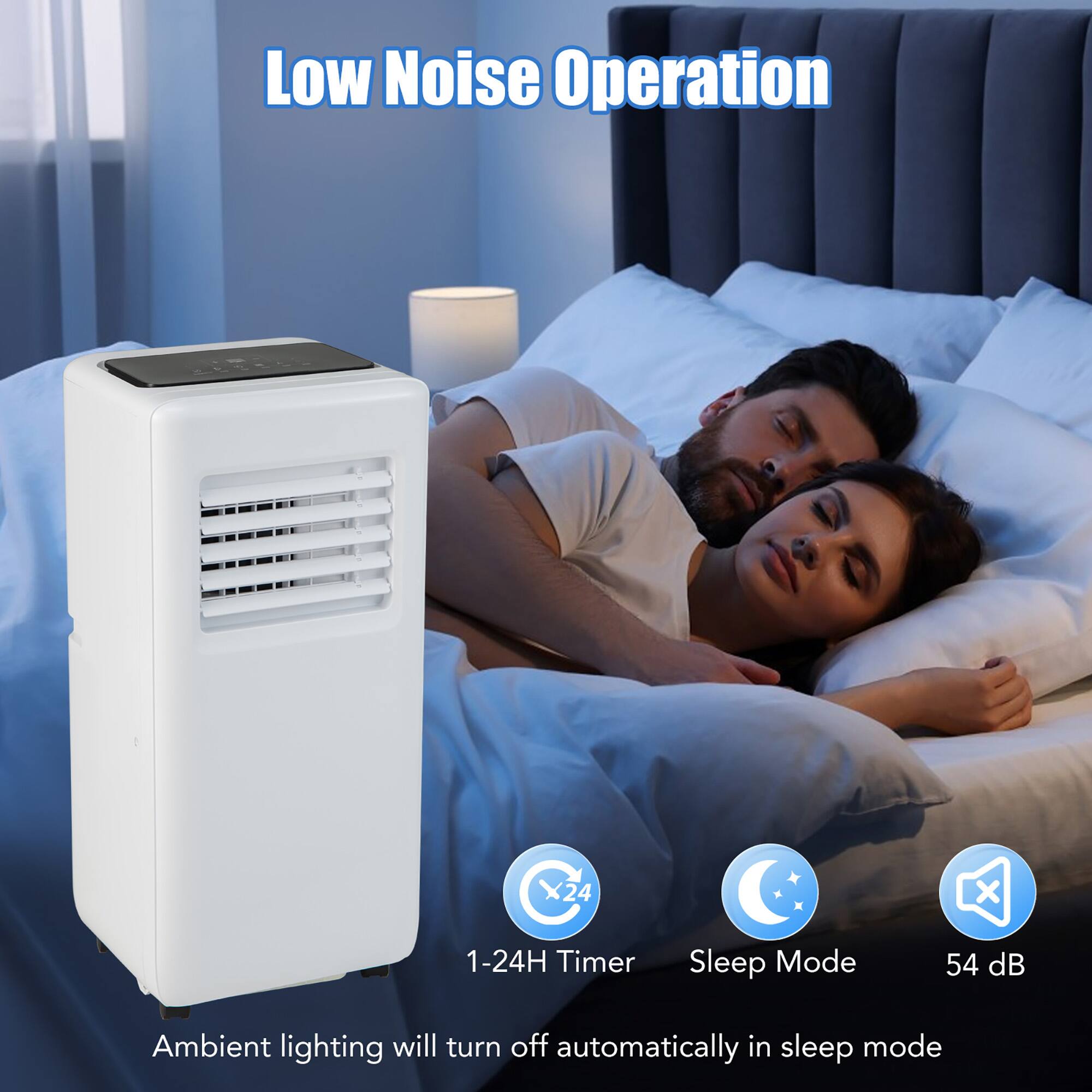 Low Noise Operation, 1-24H Timer, Sleep Mode, 54 dB, Ambient lighting will turn off automatically in sleep mode