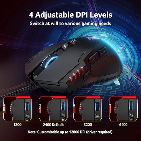 4 Adjustable DPI Levels  
Switch at will to various gaming needs  

1200  
2400 Default  
3200  
6400  

Note: Customizable up to 12800 DPI (driver required)