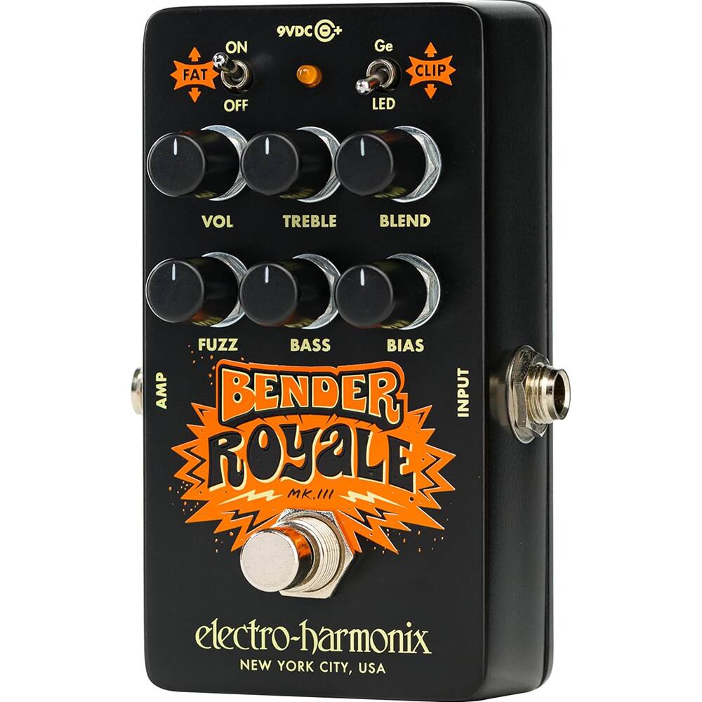 FAT ON OFF  
9VDC  
Ge  
LED  
CLIP  
VOL  
TREBLE  
BLEND  
FUZZ  
BASS  
BIAS  
AMP  
BENDER ROYALE MK.III  
electro-harmonix  
NEW YORK CITY, USA