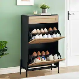 Babevy - Shoe Cabinet Storage with 2 Flip Drawers and 1 Drawer,Freestanding Rattan Shoe Organizer, Shoe Rack Storage for Entryway - Black