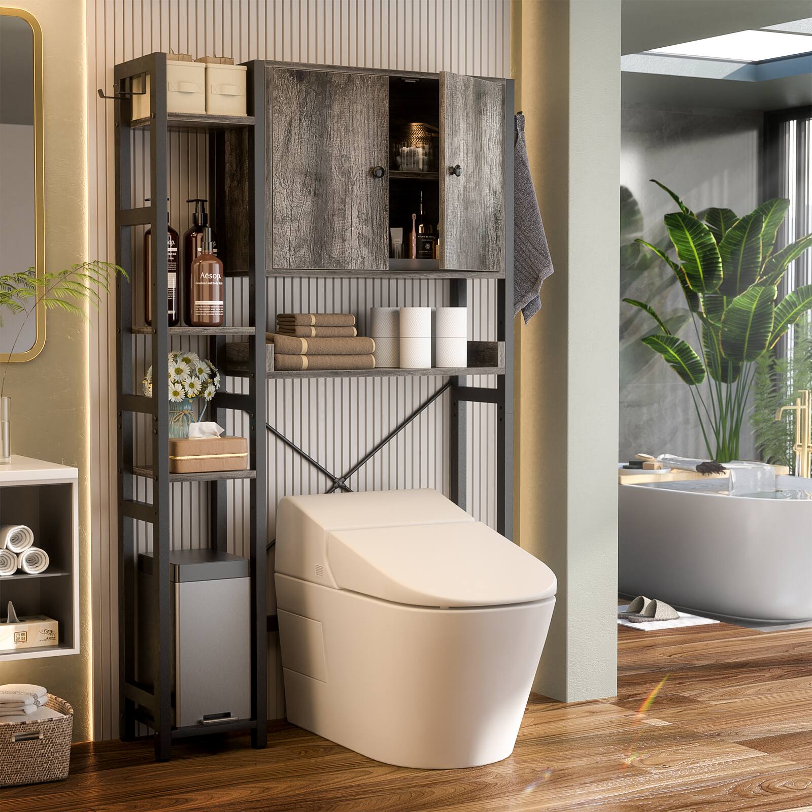 Left. Aheaplus - Over The Toilet Storage Cabinet with Doors, 7 Tier Freestanding Bathroom Organizer with Adjustable Shelves & 4 Hooks - Gray Oak.