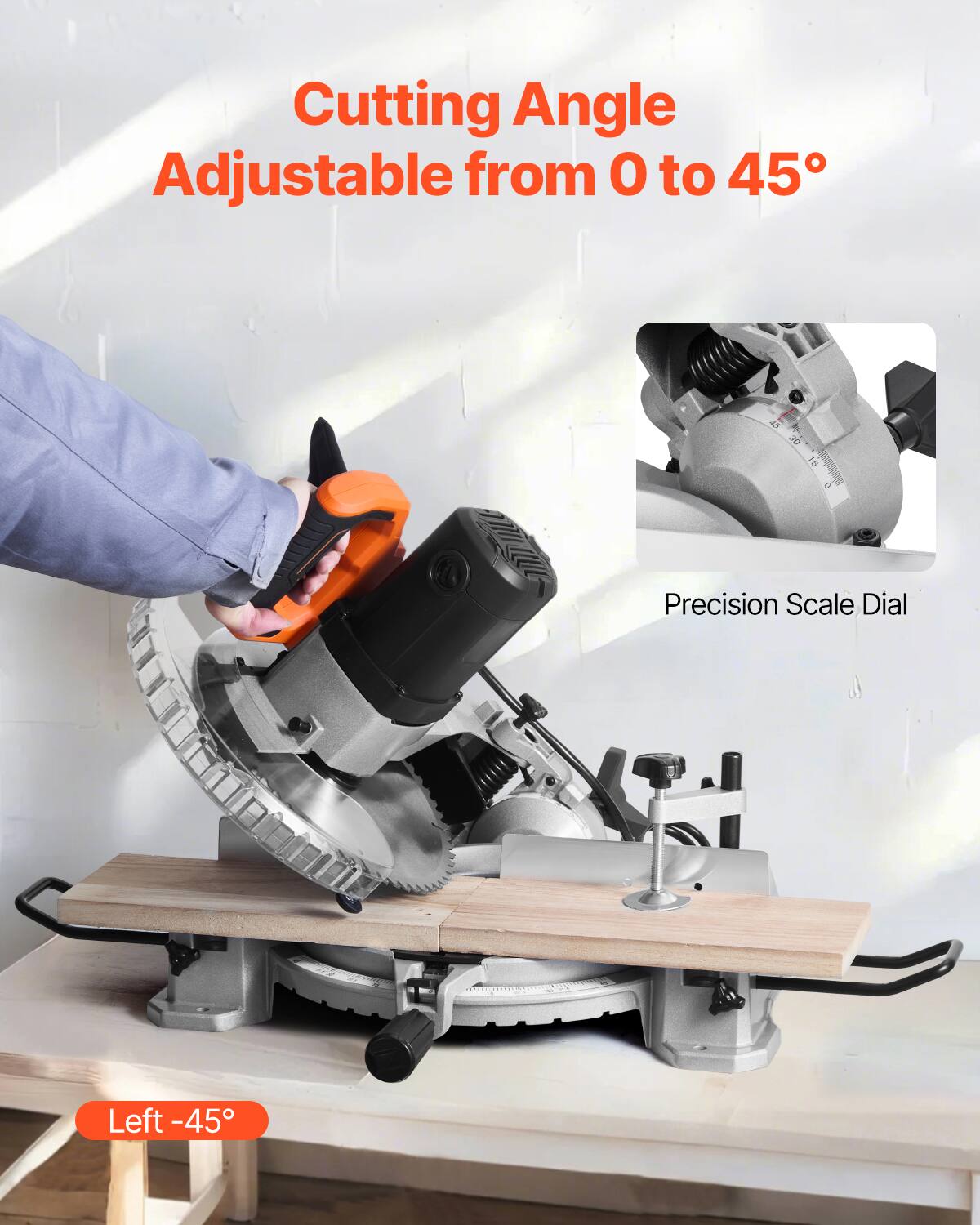 Cutting Angle Adjustable from 0 to 45°

Precision Scale Dial

Left -45°