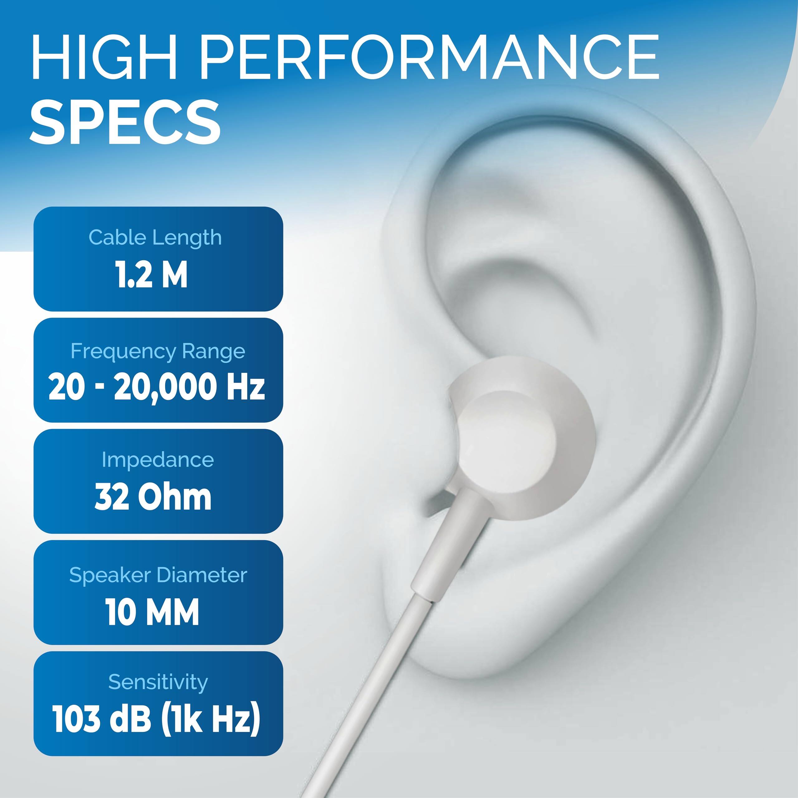 HIGH PERFORMANCE SPECS  
Cable Length: 1.2 M  
Frequency Range: 20 - 20,000 Hz  
Impedance: 32 Ohm  
Speaker Diameter: 10 MM  
Sensitivity: 103 dB (1k Hz)