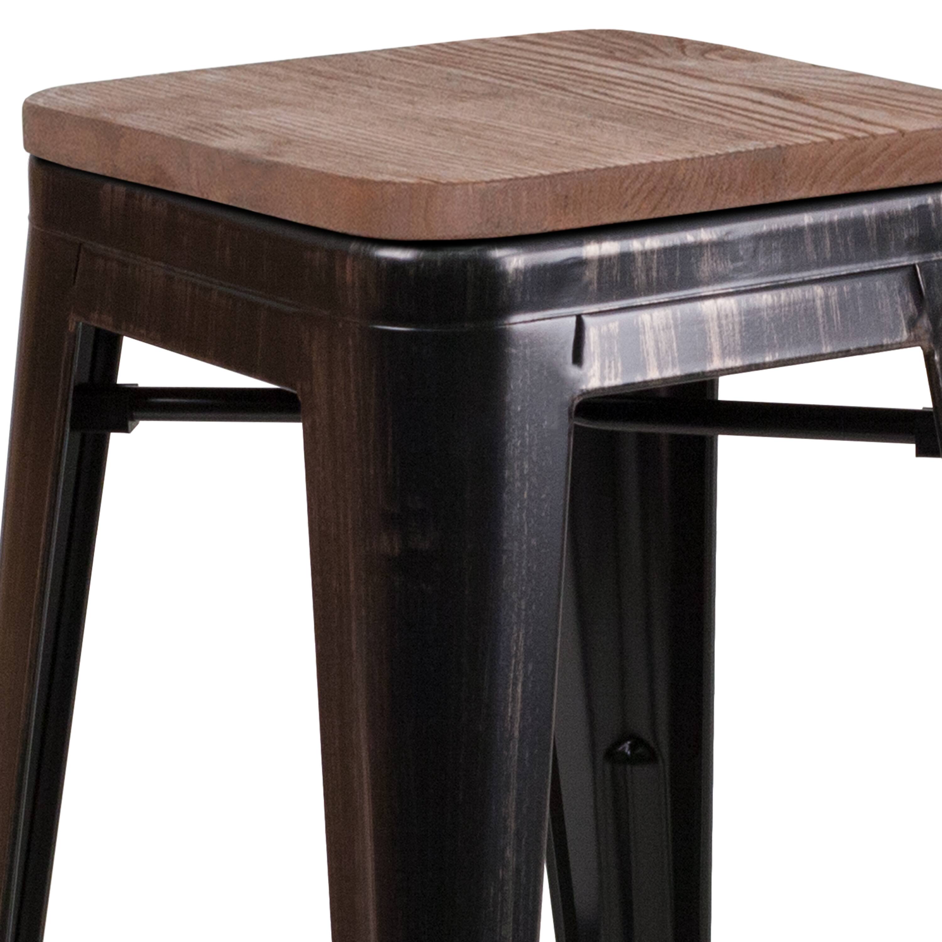 Alt View 8. Emma + Oliver - 30"H Backless Metal Barstool with Wood Seat - Black-Antique Gold.