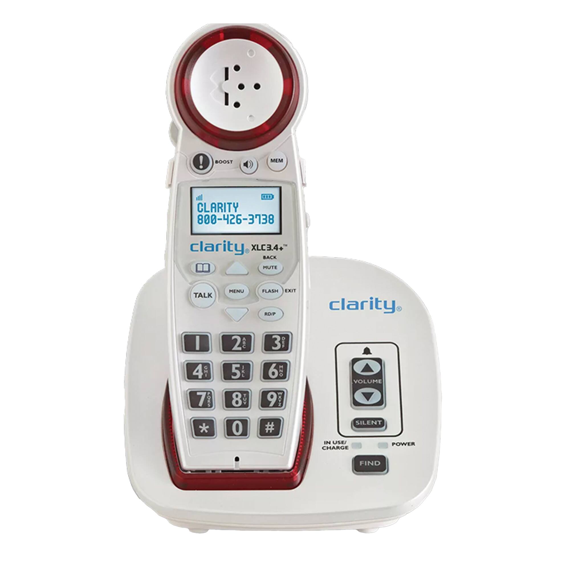 BOOST MEM  
CLARITY 800-426-3738  
clarity XLC3.4+  
BACK MUTE TALK MENU FLASH EXIT RDP  
clarity  
1 2 3  
4 5 6  
7 8 9  
* 0 #  
VOLUME SILENT IN USE/CHARGE POWER FIND