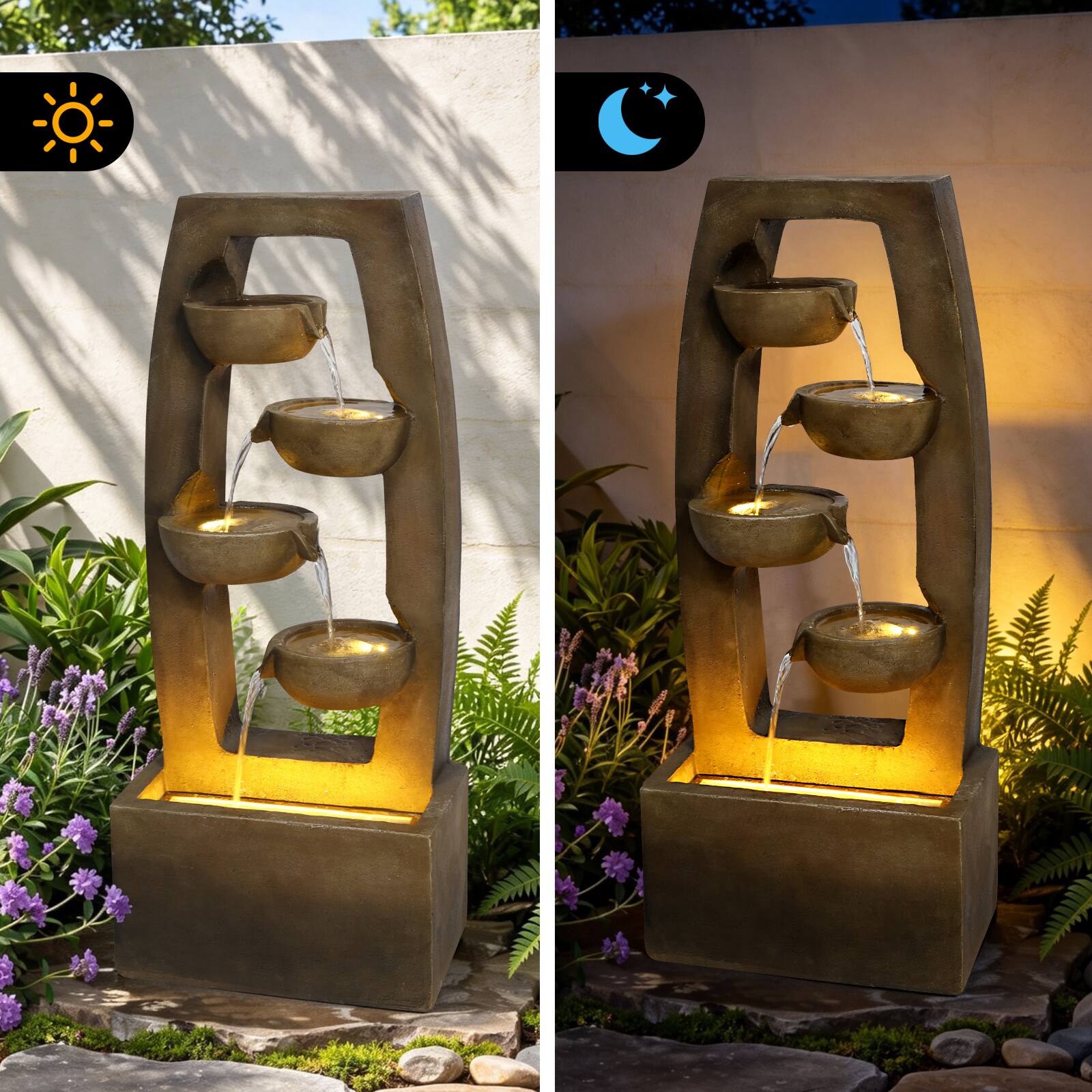Alt View 1. Anysun - Modern Outdoor Water Fountain with Lights – 4-Tier Cascading Bowl Waterfall Freestanding Garden Fountain - Brown.
