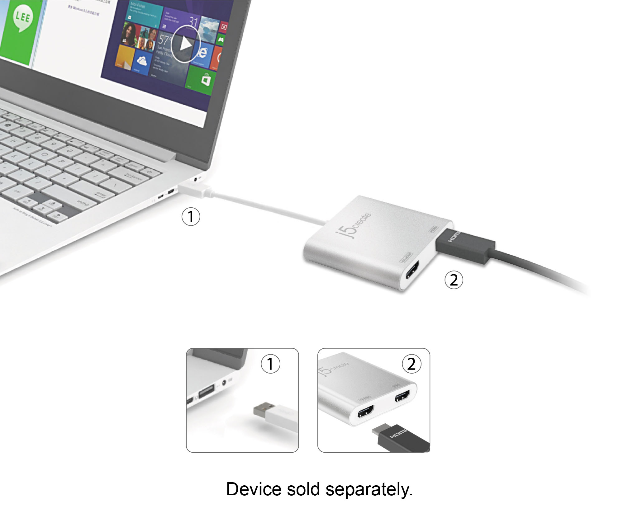 Adaptateur USB vers Double HDMI - USB A/C vers 2 Écrans HDMI (1x 4K30Hz, 1x  1080p) - Dongle Intégré USB-A vers C, Câble de 11cm - Adaptateur USB 3.0