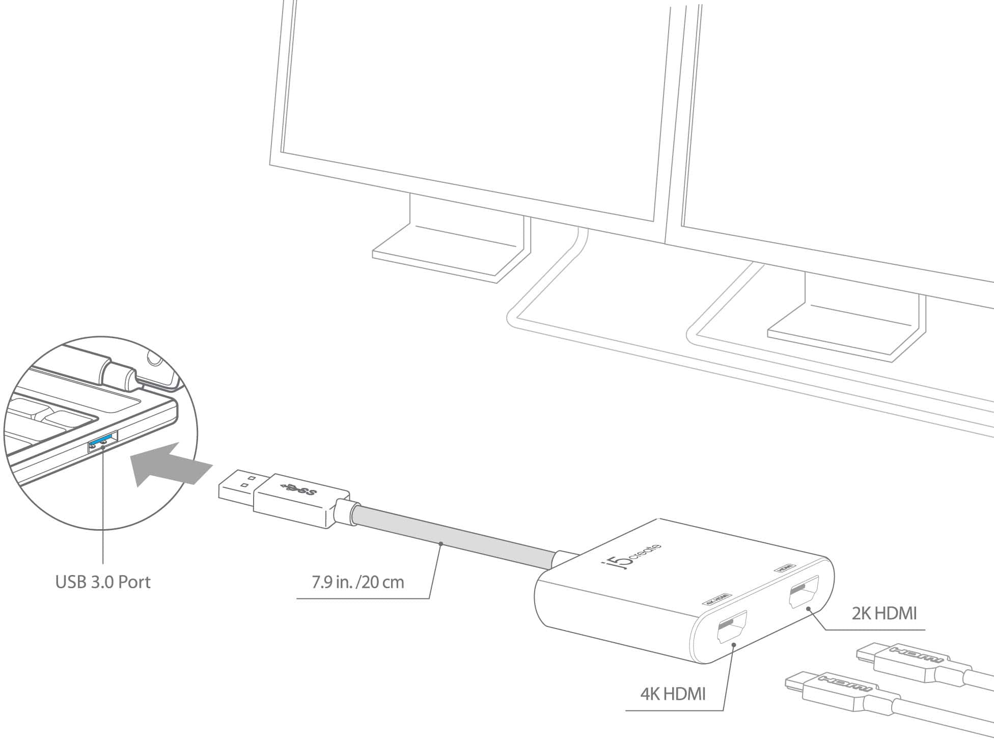 Alt View 1. j5create - USB 3.0 to Dual HDMI Multi-Monitor Adapter - Silver.