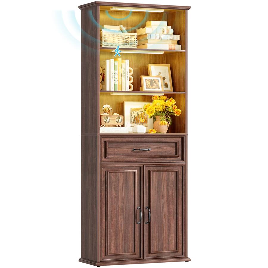 Aheaplus 80'' Tall Farmhouse Bookcase with 3 Motion Sensor Lights ...