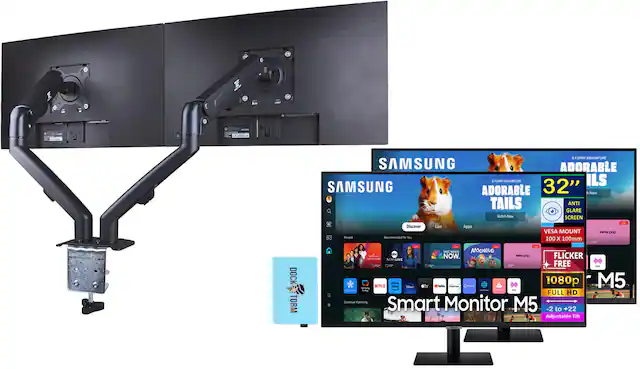 **SAMSUNG Smart Monitor M5**
- **32"**
- **A FURRY ADVENTURE**
- **ADORABLE TAILS**
- Watch Now
- **ANTI GLARE SCREEN**
- **VES A MOUNT**
- 100 x 100mm
- **FLICKER FREE**
- **1080p FULL HD**
- **Adjustable Tilt**
- -2 to +22
- **VESA MOUNT**
- **DOCK TORM**
- **Discover Live Apps**
- **Recent**
- **Recommended for You**
- **Continue Watching**
- **NETFLIX**
- **video prime**
- **vevo pop**
- **NEWS NOW**
- **MOONGUG NOW**
- **M5**